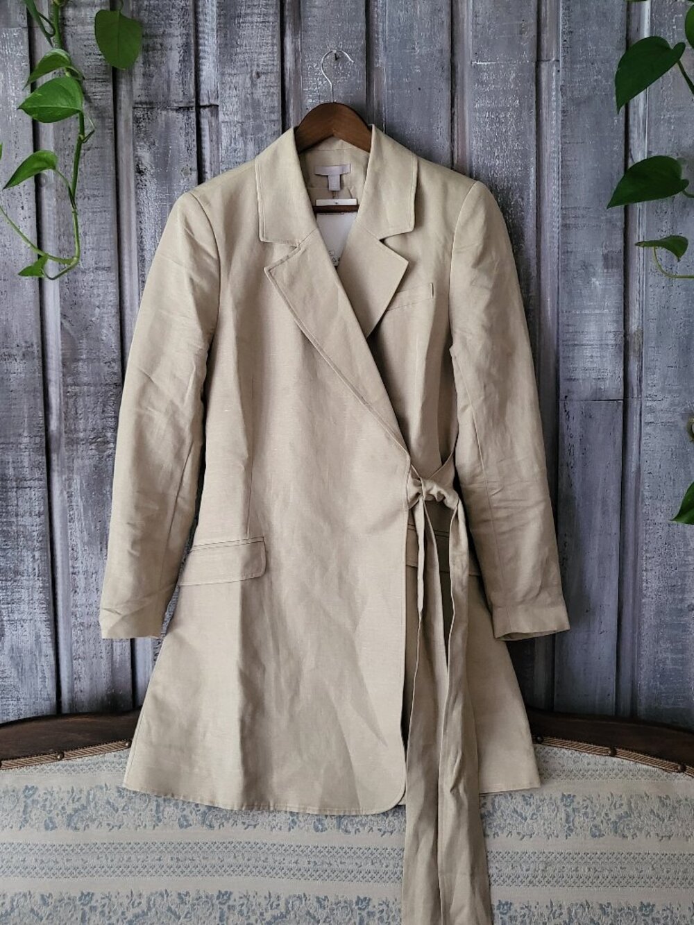 Beige Linen Blend Tie Wrap Blazer Dress Size 8 Tan Neutral Long Sleeve V-Neck
